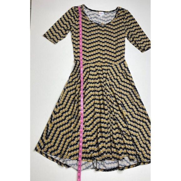 LuLaRoe NICOLE Fit Flare A LIne Yellow Black Gray Geometric Print Dress Medium - Picture 5 of 8
